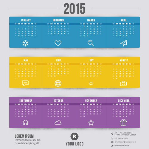 Purple with blue and yellow 2015 calendar vector yellow purple calendar blue 2015   