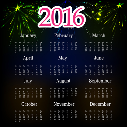 2016 calendar with fireworks vector material 05 material Fireworks calendar 2016   