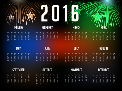 2016 calendar with fireworks vector material 06 material Fireworks calendar 2016   