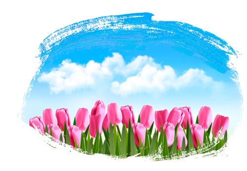 Blue sky with tulip spring background vector tulip spring sky background   