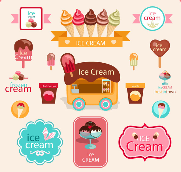 Cute ice cream logos with label elements vector 01 logos ice cream elements cute cream   