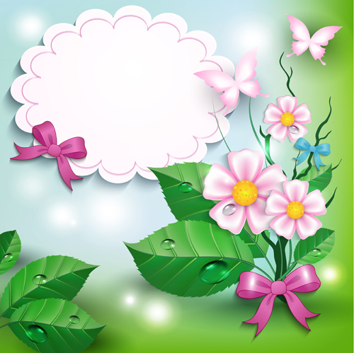 Flowers and butterflies with bow background vector 01 flowers flower butterflies bow background vector   