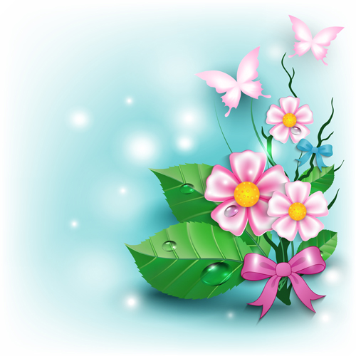 Flowers and butterflies with bow background vector 02 flowers flower butterflies background vector background   