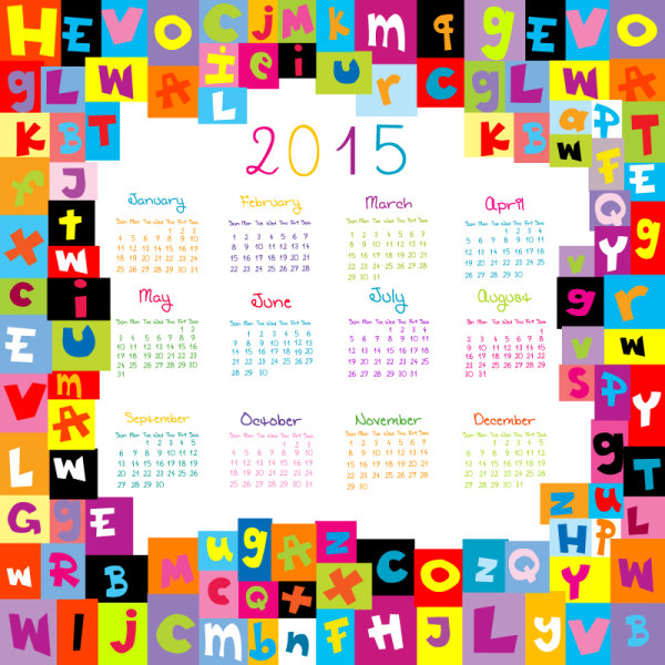 2015 calendar with colored alphabet vector colored calendar alphabet 2015   