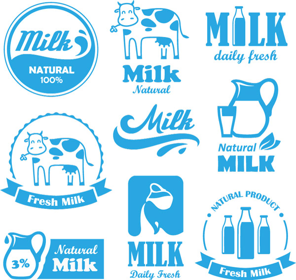 Natural milk blue labels with logos vector natural milk logos labels   