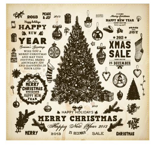 Vintage Hand drawn New Year and Christmas ornaments vector set 01 vintage ornaments ornament new year hand-draw hand drawn christmas   