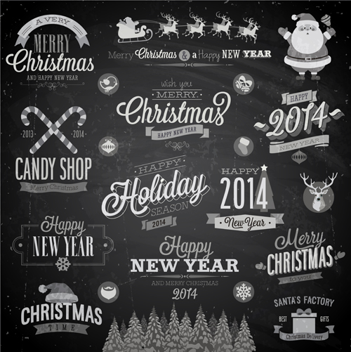 2014 Christmas Dark labels with ornaments vector set 01 ornaments ornament labels label dark christmas 2014   