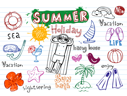 Cute summer holiday hand drawing elements vector summer holiday Hand drawing elements   