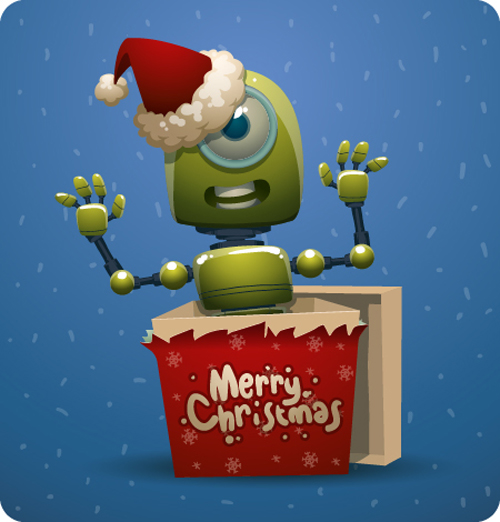Funny christmas robot 2016 gift card vector robot gift funny christmas card   
