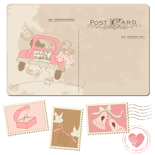 Vintage wedding postcard with postage stamps vector 01 wedding vintage postcard postage stamps Vintage wedding postcard with postage stamps vector 01 wedding vintage postcard postage stamps