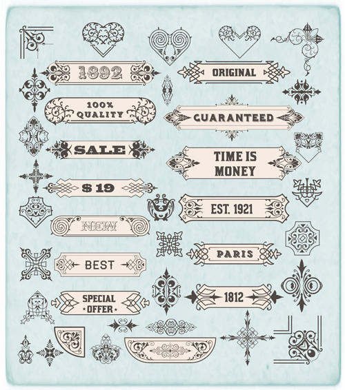 Ornamental elements and labels vintage style vector 02 Vintage Style ornamental labels elements   