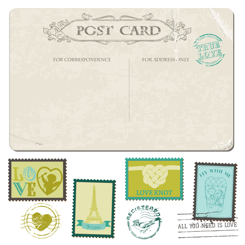 Vintage wedding postcard with postage stamps vector 05 wedding vintage postage stamps   