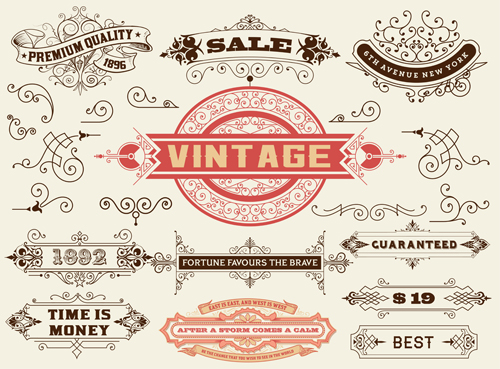 Ornamental elements and labels vintage style vector 04 Vintage Style ornamental labels elements   