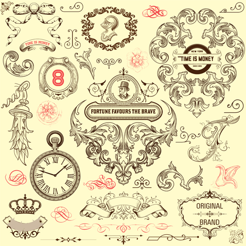 Ornamental elements and labels vintage style vector 03 Vintage Style ornamental labels   