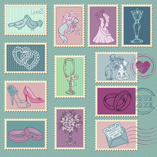 Wedding with love postage stamps vintage vector 01 wedding vintage postage stamps   