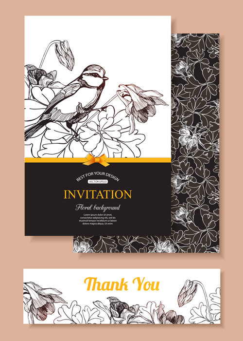 Hand drawn retro flower with bird wedding invitations vector 01 wedding Retro font invitation hand drawn flower bird   