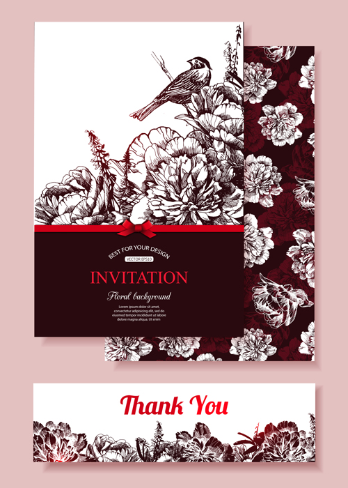 Hand drawn retro flower with bird wedding invitations vector 02 wedding Retro font invitation hand drawn flower   