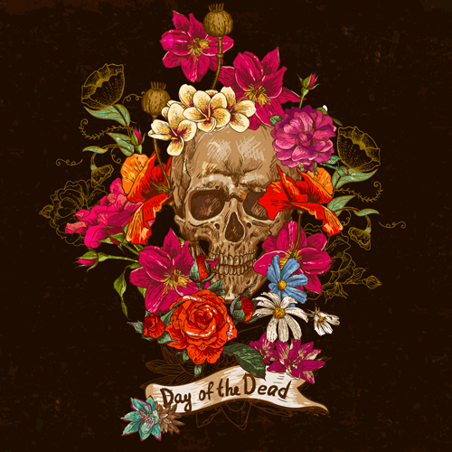 Skull and poppies vector background 02 Vector Background skull poppies   