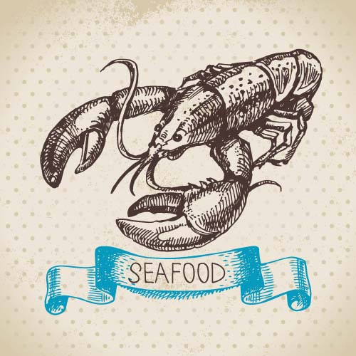 Hand drawn seafood with ribbon vectors 02   