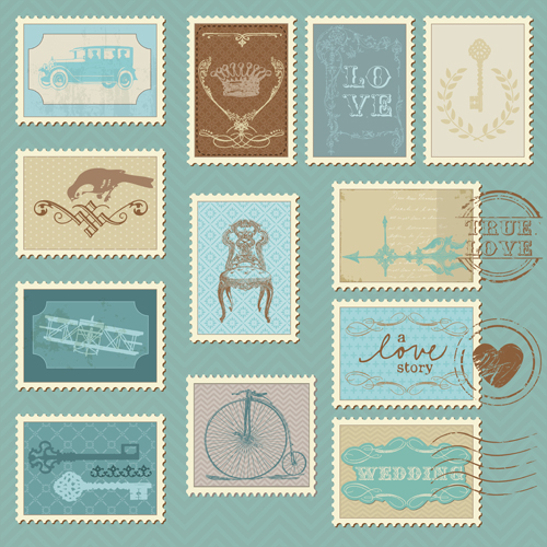 Wedding with love postage stamps vintage vector 03   