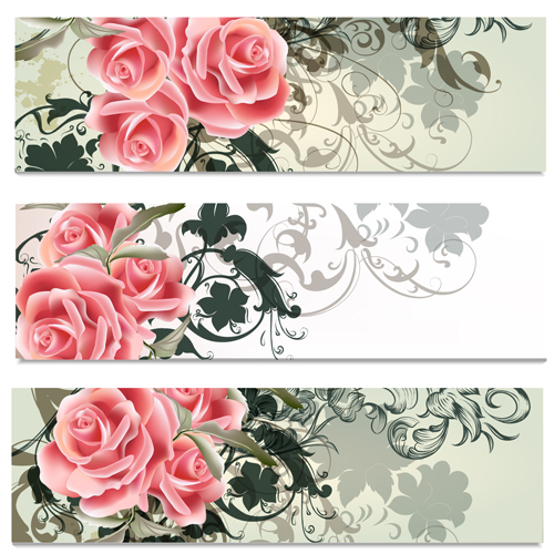 Pink flowers with floral banners vector pink flowers flower floral banners banner   