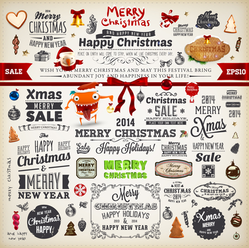 2014 New Year and Christmas labels with decor vector 03 new year new label decor christmas   