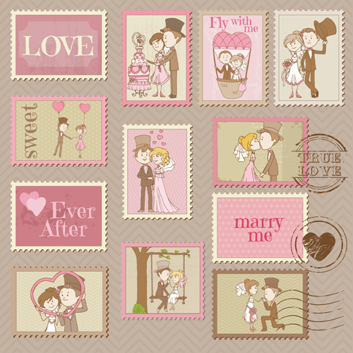 Wedding with love postage stamps vintage vector 02 wedding vintage postage stamps   