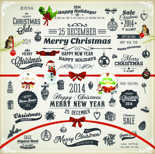 2014 New Year and Christmas labels with decor vector 04 new year labels label decor christmas 2014   
