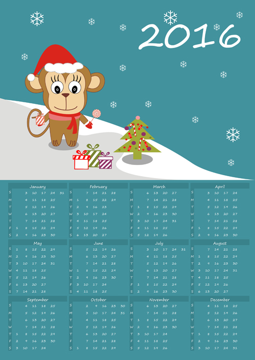 Cute monkey with 2016 calendar vector monkey cute calendar 2016   