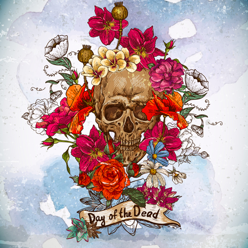 Skull and poppies vector background 03 Vector Background skull poppies   
