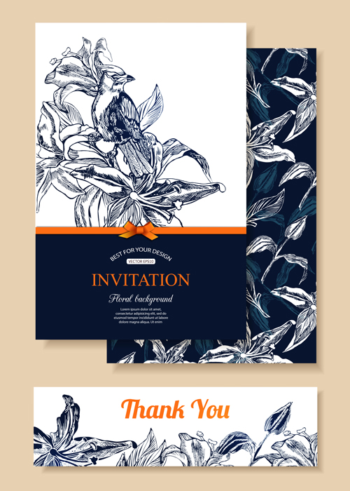 Hand drawn retro flower with bird wedding invitations vector 03 wedding Retro font invitation hand drawn flower   