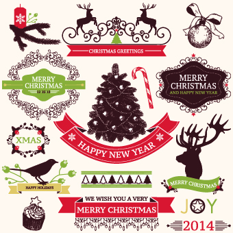 2014 Christmas lables ribbon and baubles ornaments vector 03 ribbon ornaments ornament lables labels christmas baubles 2014   