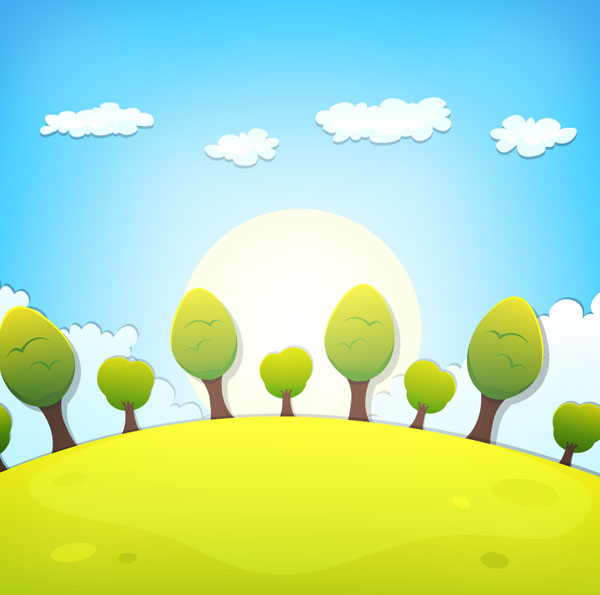 Cartoon tree and clouds scenery background vector scenery clouds cartoon background vector background   