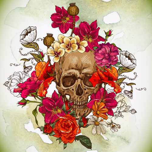 Skull and poppies vector background 01 Vector Background skull poppies   