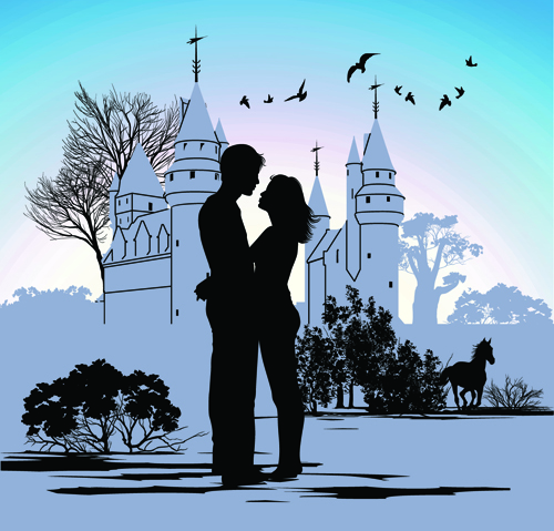 Romantic of City with People Silhouettes vector 02 silhouettes silhouette romantic people city   