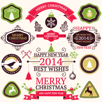 2014 Christmas lables ribbon and baubles ornaments vector 01 ornaments ornament labels label christmas baubles 2014   