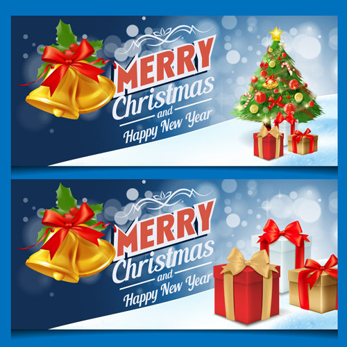 Christmas bell with gift and xmas tree banners vector 02 xmas tree gift christmas bell banners   