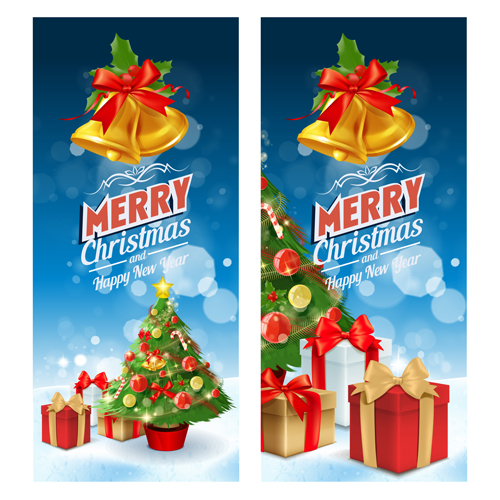 Christmas bell with gift and xmas tree banners vector 01 xmas tree gift christmas bell banners   