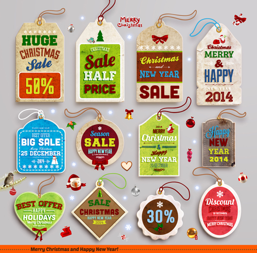 2014 New Year and Christmas labels with decor vector 07 year new year new labels label decor christmas 2014   