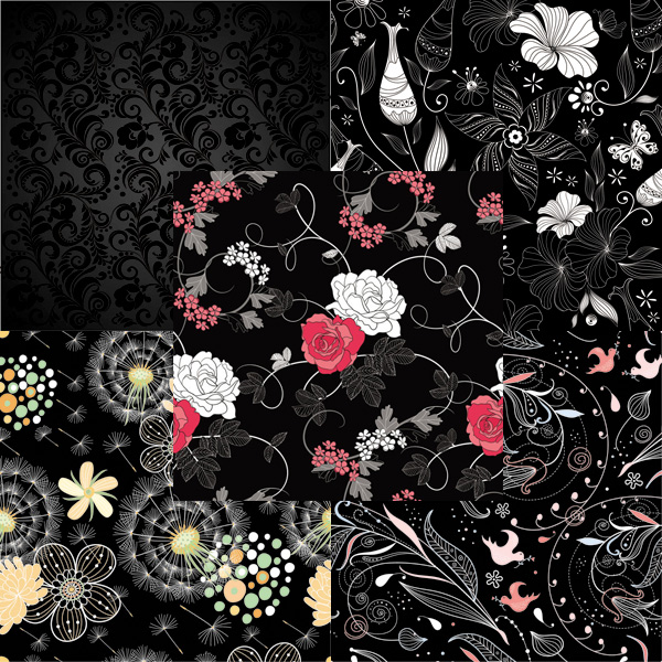 Elements of black background vector material texture pattern Line Drawing flowers black background   