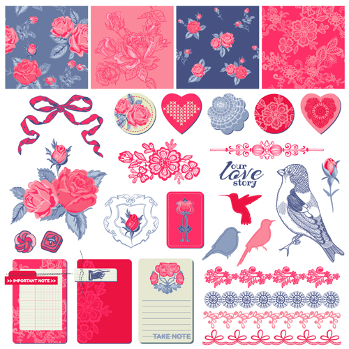 Love elements ornament kit vector vintage scrapbook roses rose ornament love kit elements element birds   