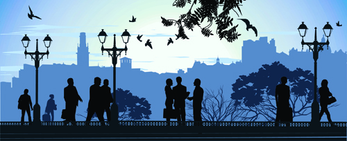 Romantic of City with People Silhouettes vector 01 silhouettes silhouette romantic people city   