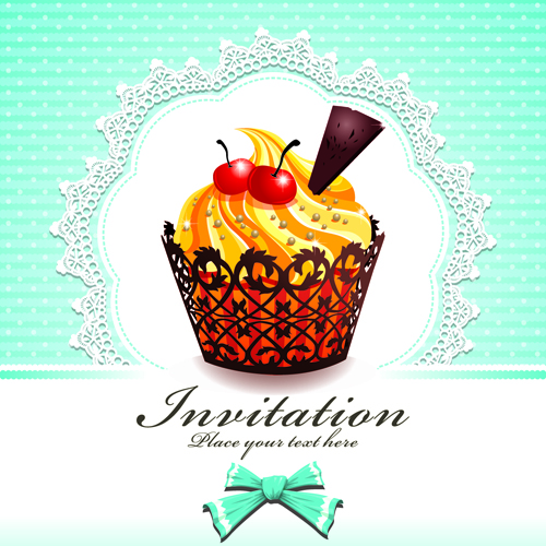 Cute Cupcakes Invitations cards vector set 02 invitation cupcake cards card   