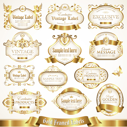 White with golden framed labels vector set white labels golden framed   