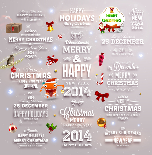 2014 New Year and Christmas labels with decor vector 06 new year labels label decor christmas 2014   