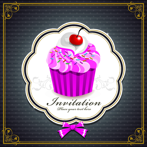 Cute Cupcakes Invitations cards vector set 03 invitation cute cupcake cards card   