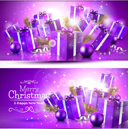 Purple christmas gift boxs banners vector purple gift christmas Boxs banners   