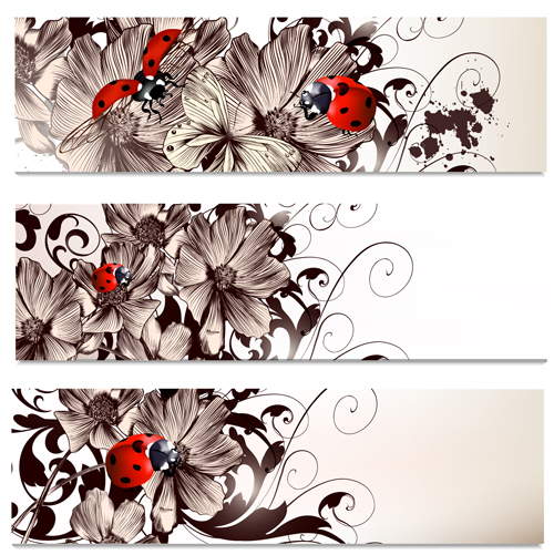 Hand drawn flowers and coccinella vector banners hand-draw hand drawn coccinella banners banner   