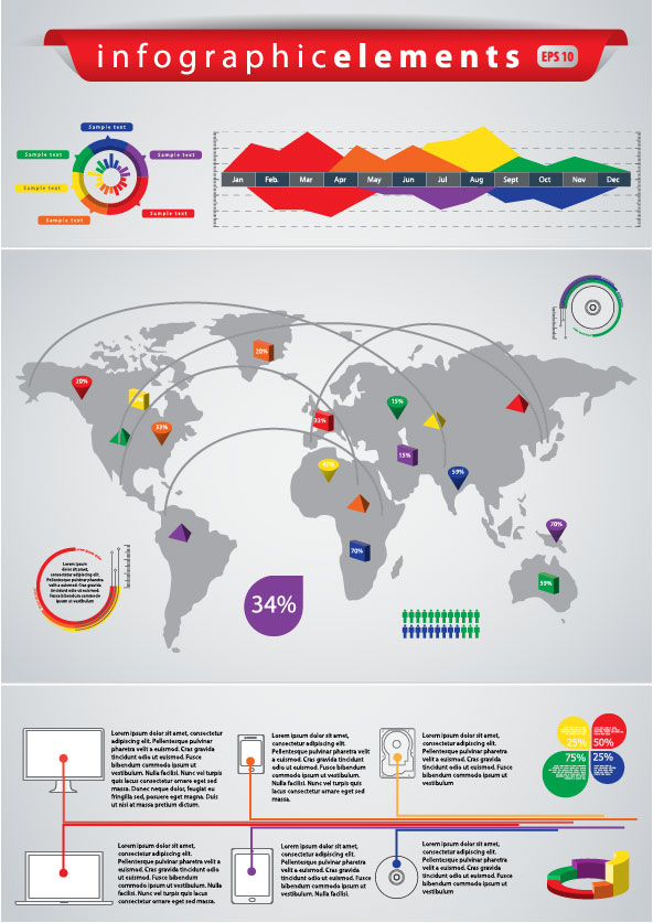 Business Graphic data report 03 vector set world statistics report percentages map infographics infographics graphs data map data cyclic graphs bar charts   