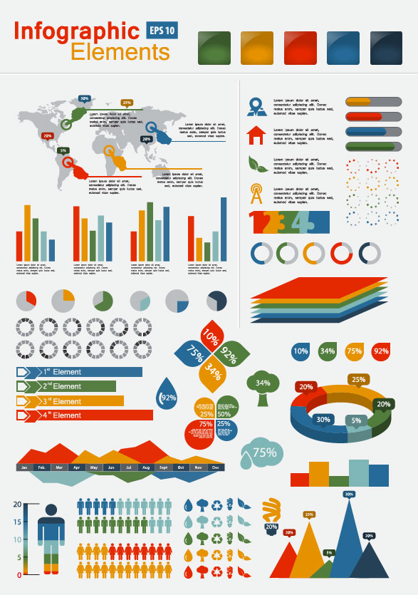 Business Graphic data report 01 vector set world statistics report percentages map infographics infographics graphs data map data cyclic graphs bar charts   